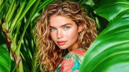 Naklejka premium Woman, blonde curls, tropical leaves, gaze, summer ad