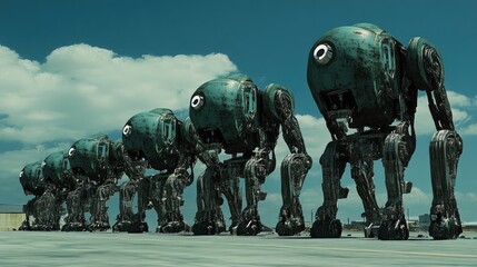 Robots kneeling, factory backdrop, futuristic scene