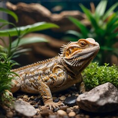 Fototapeta premium Cozy Terrarium: Bearded Dragon Relaxing Among Tropical Plants and Natural Rocks