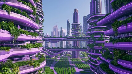 Obraz premium Futuristic Urban Maze with Green Footpaths and Blocky Buildings
