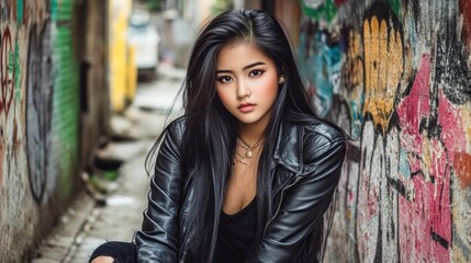 Naklejka premium Woman, alleyway, graffiti, portrait, urban, model, leather, jacket, serious, fashion
