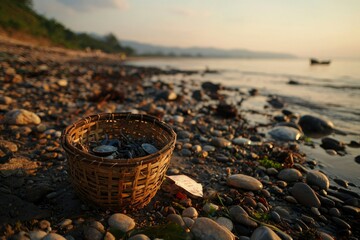 A basket full of seashells on the shore near sea, hills & boat at sunset