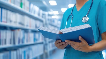 Medical professional in scrubs reading a book in a modern library setting with shelves filled with books and medical literature in the background