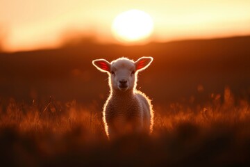 Lamb Standing in Meadow at Sunset. Use as Easter or spring imagery