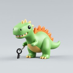 Fototapeta premium A green toy dinosaur holding a key in its mouth.