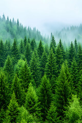 Fog descends on a lush green forest with tall coniferous trees; nature background generative AI