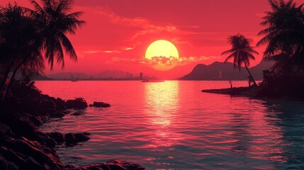 Vivid Crimson Sunset Above Tranquil Ocean Horizon with Palm Tree Silhouettes and Golden Light Reflection Over the Water