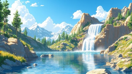 Majestic Mountainscape Waterfall Serenity With Clear Lake And Forest Scenery Depicting Nature's Tranquility And Breathtaking Landscape