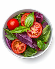 Fresh Salad leafy greens, basil, & ripe tomatoes in white bowl, dietary concept generative AI