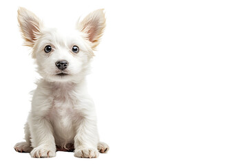 Obraz premium Tiny Spitz puppy sits on white background