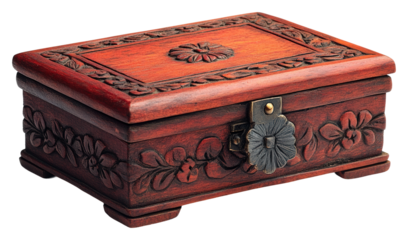 Carved wooden jewelry box display craftsmanship artisan shop setting isolated on transparent background