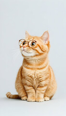 Obraz premium Ginger tabby cat wearing eyeglasses, looking up on plain background, pet portrait generative AI