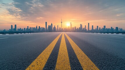 Obraz premium Sunrise Cityscape: Asphalt Road Leading to Golden Skyline