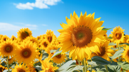 Sunflower field with cloudy blue sky. Sunflowers landscape