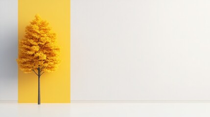 Bright Yellow Tree Against Minimalist White and Yellow Background in Modern Interior Design, Nature Meets Art for Contemporary Spaces, Autumn Aesthetic