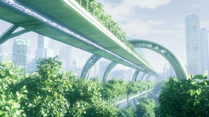 Fototapeta premium Green Skybridge Crossing Over Lush Urban Orchard Landscape