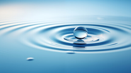 A serene water droplet poised above a surface creating ripples, photographed in a reflective blue setting as a concept of purity and tranquility.