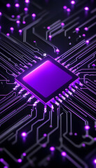 Glowing chip on circuit board representing artificial intelligence and computing use generative AI