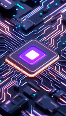 Glowing Circuit Board close-up.  Central chip, light paths, for technological use generative AI