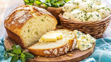 Rustic herb bread, buttered slice, rolls, kitchen table, food photography