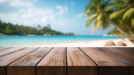 Wood table top and blurred summer beach and sky background.