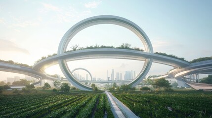 Obraz premium Futuristic Elevated Footbridge Over Green Fields and Urban Skyline