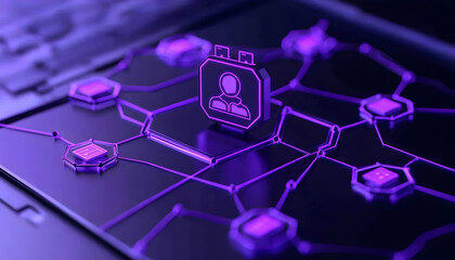 Glowing network with a person icon and connecting nodes, ideal for tech concepts generative AI