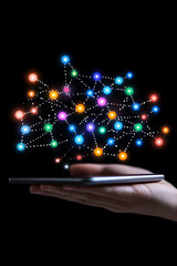 Glowing network above a device held in hand. Concept image of connectivity generative AI