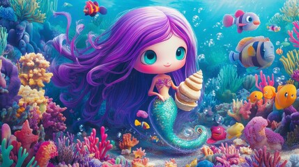 Cute Mermaid Underwater Scene