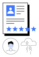 User profile data with ratings, biometric facial recognition icon, and cloud data transfer. Ideal for HR, recruitment, technology, AI, cybersecurity data sharing and ratings. Abstract line flat