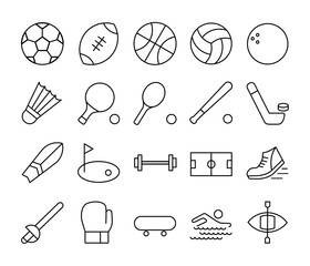 Sport icon set in simple thin line. Collection of icon related to sport active, including football, basketball, swimming, boboxing, etc. Vector Illustration. Editable stroke