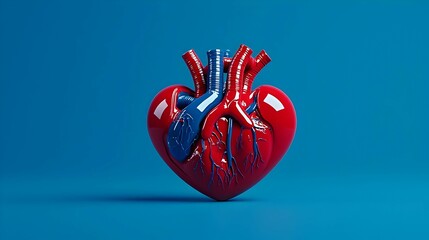 Naklejka premium Stylized Red And Blue 3D Rendered Human Heart On Blue Background