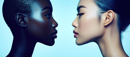 Diverse women face profile, blue backdrop, beauty campaign