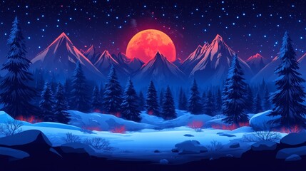 Crimson Moon Glows Over Snowy Pixel Art Landscape with Mountains and Pine Trees Creates a Nostalgic Retro Atmosphere