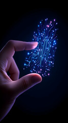 Fingers hold glowing circuit board technology. Neural network concept generative AI