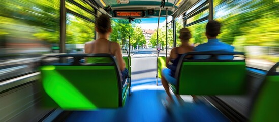 Passengers ride city bus, blurred street view