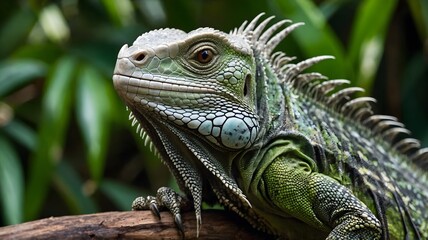 Obraz premium Close-Up of Iguana’s Textured Scales and Sharp Spines Resting on Jungle Tree Branch