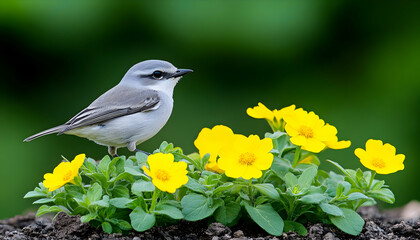 Fototapeta premium A beautiful little bird perched among blooming flowers. Background greenery. Stock generative AI