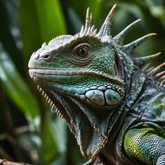 Fototapeta premium Jungle Majesty: Iguana’s Detailed Scales and Spines on Tree Branch