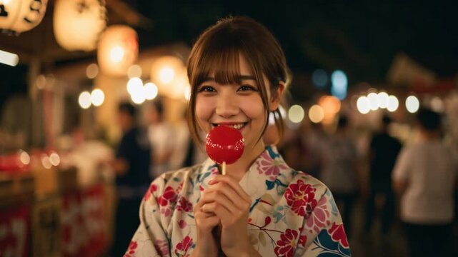 夏祭りで楽しそうにデートをする浴衣を着た女性