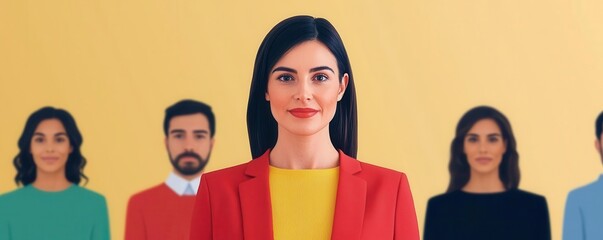 Obraz premium A confident woman in a red blazer stands in front of a colorful group against a yellow background.