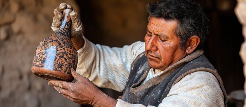 Artisan inspects hand-painted clay bottle in Andean workshop