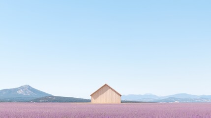 Lavender field house, mountains backdrop, peaceful summer scene, postcard