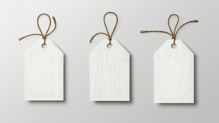 Blank clothes tags, fashion labels with seams. Empty white fabric badges for shirts, dresses and apparel with stitches isolated on transparent background, vector realistic set