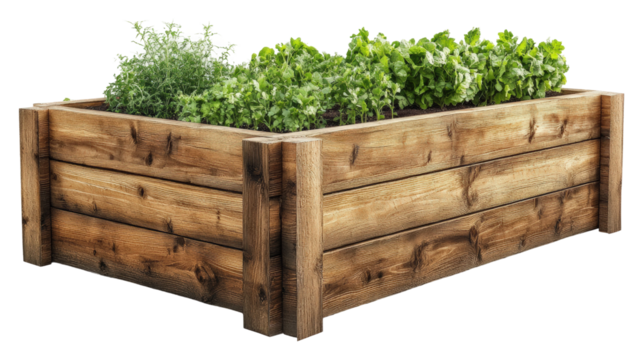 Growing fresh herbs and vegetables in a wooden planter box isolated on transparent background