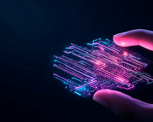 Hand holds glowing digital circuit, connecting in a technological dark background generative AI