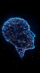 Abstract digital head, network connections, blue dots glow; for tech, science use generative AI