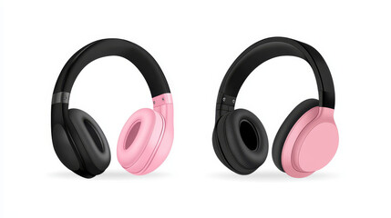 Headphones for listen music, dj audio headset isolated on white background. Vector realistic set of 3d black pink stereo earphones, accessory with sound speakers in front view