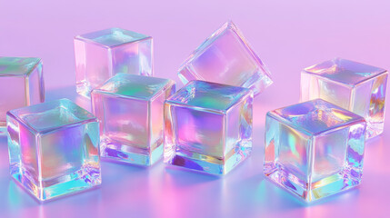 Set of holographic 3D glass cubes isolated on transparent background. Vector realistic illustration of crystal blocks angle and side view, square ice pieces with iridescent surface, decor element