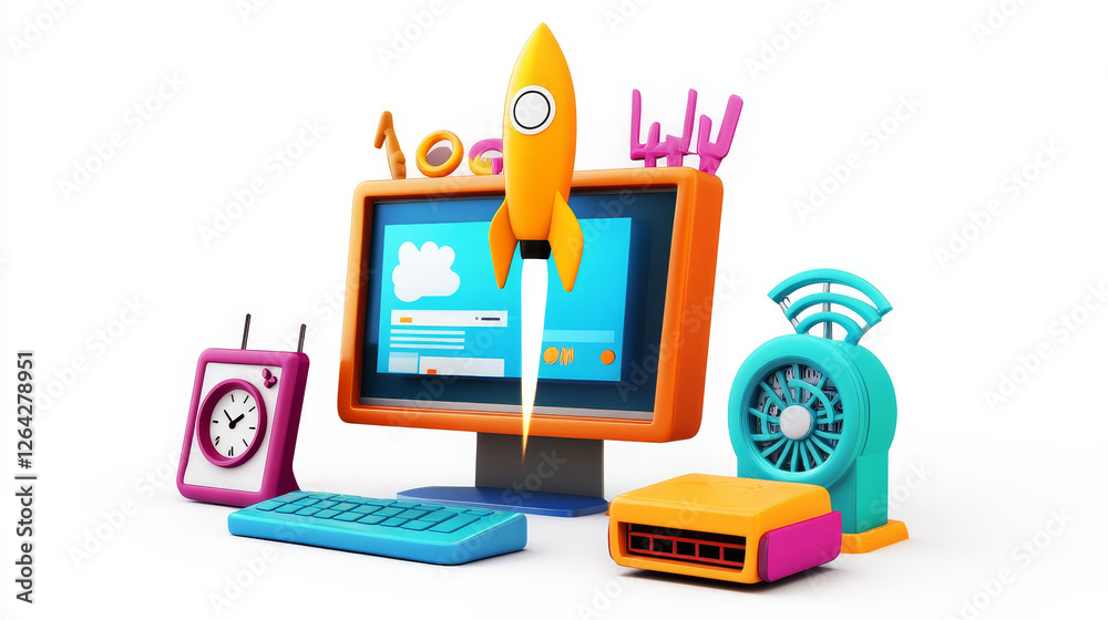 Wall mural 3d illustration of desktop computer with web page, speedometer and clock icons, rocket launch and wi